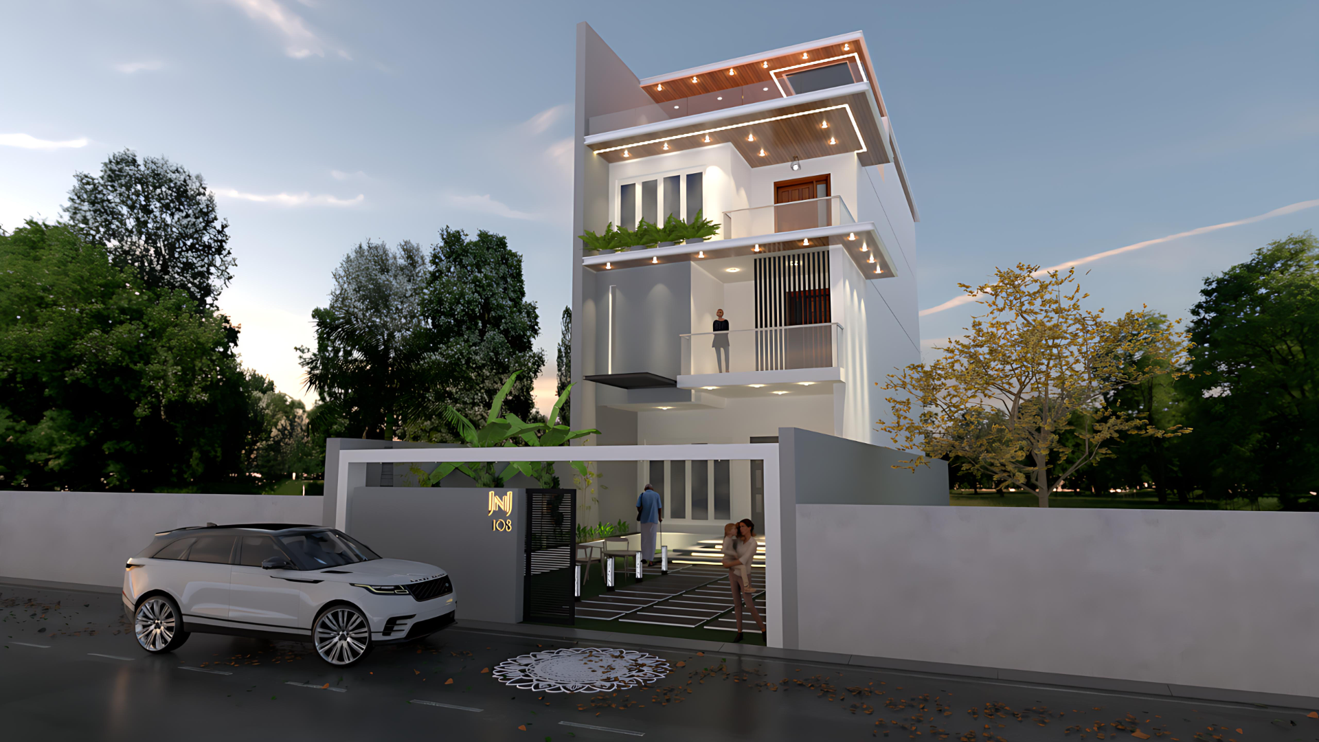 Elegant duplex house elevation in Pondicherry with architectural detailing