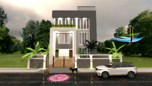 Luxury villa front elevation in Pondicherry with modern architectural design