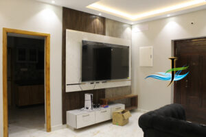 Custom TV unit design for hall interiors in Pondicherry