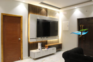 Custom TV unit design for hall interiors in Pondicherry
