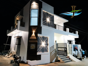 Luxury villa front elevation design by Jack N Jill Architecture in Poothurai