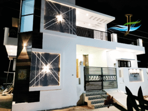 Luxury villa front elevation design by Jack N Jill Architecture in Nalla farm house