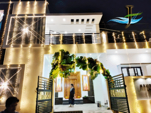 Luxury villa front elevation design by Jack N Jill Architecture in Nalla farm house